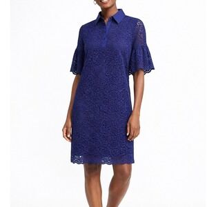 Banana Republic Floral Lace Polo Shirt Dress Sz MP Navy Mini Shift Short Sleeve
